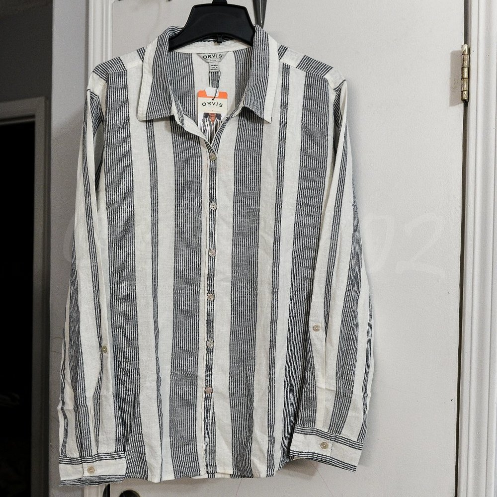 Orvis‎ ladies long sleeve linen blend top Stripe